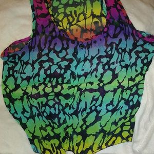 Rainbow Tie Front, Button Up Crop Tank Top